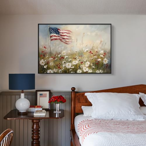 Image of American Flag Canvas Wall Art, 4th of July Patriotic Poster Print, USA Flag and Wildflower Field Landscape Picture, Rustic Independence Day Wall Decor for Bedroom Living Room 24x36in Framed