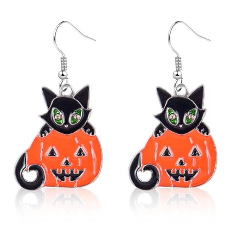 Halloween Pumpkin Earrings for Women, Black Cat Hypoallergenic Dangle Earrings, Cute Kitty Fun Jewelry for Costume Party Accessories