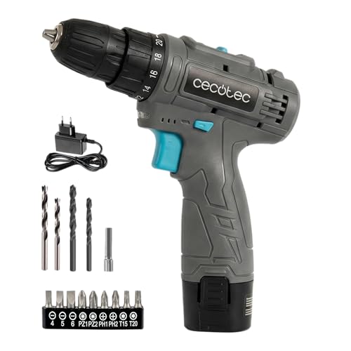 Cecotec Taladro a Batería PowerForce 1000. 12V 2000mAh, 2 Velocidades 400/1400rpm, Par de Apriete 28Nm en 20 Niveles, Luz LED, Cambio de Broca sin Llave, Diseño Ergonómico, Incluye Puntas y Brocas