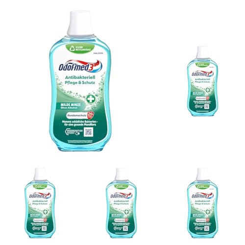 Odol-med3 Mundspülung Antibakteriell Pflege & Schutz, alkoholfreie Mundspülung, 500ml (Packung mit 5)