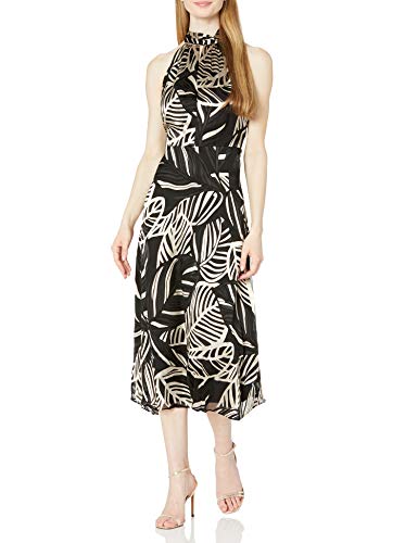 MILLY Women's Adrian Palm Satin Burnout Dress, Black/Neutral, 8