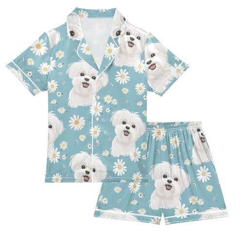 White Maltese Dogs Pattern Summer Satin Pajama Set, Cute Button-Down Sleepwear Pj Set for Sleep Wears
