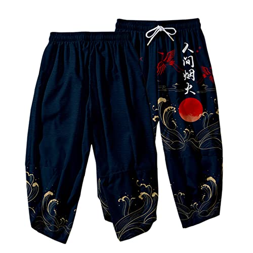 Image of DOSLAVIDA Men's Japanese Kimono Jacket Set Stylish Open Front Coat With Shorts Chinese Style Printed Cardigan Suit