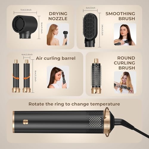 Image of 6 in 1 Hot Air Brush Hair Dryer & Volumizer, Multifunctional Hair Styler Tool for Women | Detachable Blow Dryer Brush, Hair Straightener, Curler & Crimper | Auto-Wrap Rotating Comb with Ionic Technology | Salon-Style Fast Drying & Easy Home Styling
