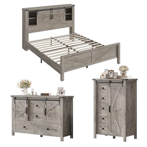 AMERLIFE 3 Pieces Farmhouse Bedroom Set with Sliding Barn Doors,...