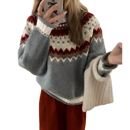 Women's Vintage Fair Isle Crewneck Knit Sweaters Fall Winter Casual Loose Cozy Warm Long Sleeve Pullover Sweater Tops