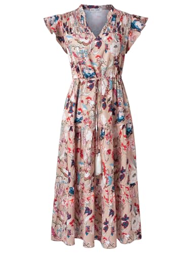 GRACE KARIN Elegant Midi Floral Swing Dress Khaki S