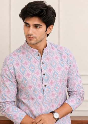 Image of FOXDX Men's Cotton Kurta, Ethnic Printed Kurta for Perfect Ethnic Look, Stand Collar Long Sleeve Casual Printed Regular Long Kurta