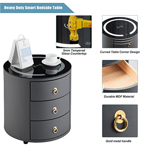Tukailai Nightstand With Wireless Charging Station And Led Light, Modern Faux Leather Surface Bedside Cabinet With 3 Drawers, Smart End Side Table For Bedroom Living Room (Dark Grey) #TOP5