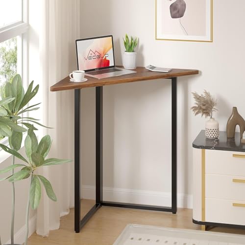 VECELO Corner Desk,Office Tables for Living Room for Small Space Triangle Computer Desk with Steel Frame Corner Shelves with Metal Frame Writing Desk for Workstation Classic Brown 31.1"