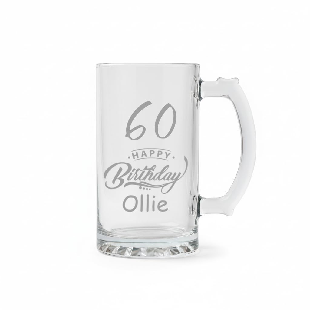 ukgiftstoreonline Personalised Engraved Tankard Beer Mug with Thumb Handle, 510ml, Glass, Happy Birthday Gift Boxed (60th Birthday Beer Glass Gift)
