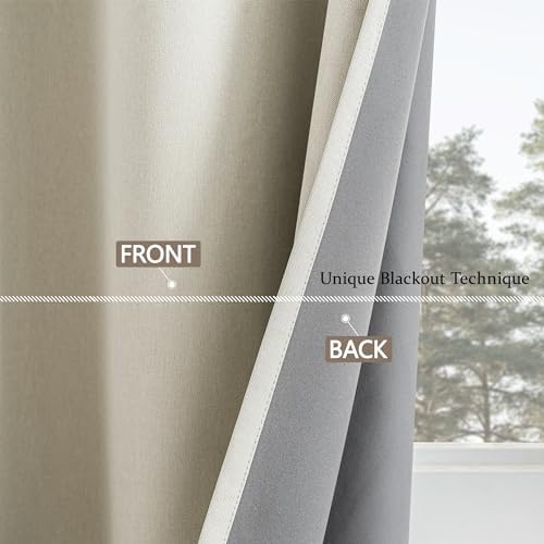 CUCRAF 100% Blackout Thermal Curtain with Eyelets, Noise Reducing Blackout Curtains for Living Room, Bedroom and Nursery, 46 x 90 Inch, 2 panels, Beige Color,
