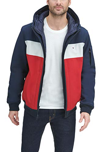 Image of Tommy Hilfiger Men's Soft Shell Fashion Bomber With Contrast Bib and Hood