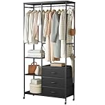 Mintnook Clothes Rack Heavy Duty Clothing Rail Freestanding, Movable Open Wardrobe with Drawers, Wood Top, Steel Frame, Wheels & Adjustable Shelves, Black