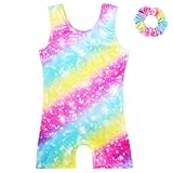 AOOWU Maillot de Danza para Niña, 2PCS Leotardos de Gimnasia Rítmica para Niños con Diadema, Cuello Redondo Body Niña Danza, Ballet Leotardos Luz de Estrella Degradada Sin Mangas para 5-6 Años (120CM)