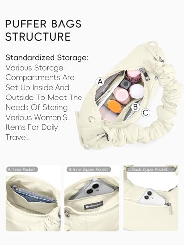 Image of WESTBRONCO Small Puffer Shoulder Bag, Quilted Crescent Crossbody Bags for Women Nylon Daily Purse, Womens Puffy Handbags