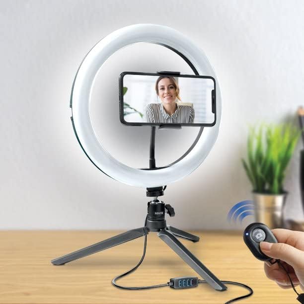 Miniatura 4 de Bower Anillo de luz LED de mesa de 10 pulgadas y soporte de trípode ajustable con soporte para teléfono inteligente, 3 modos de luz y 10 niveles de