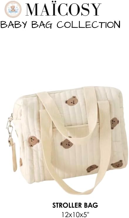Quilted Diaper Bag for Stroller, Cotton, Bear Embroidery, Adjustable Strap, Cream White