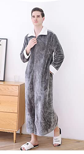 sunongvt Mens Fleece Robe Plush Long Zip Front Bathrobe with Pockets Warm Soft Zippered Bathrobes for Men3