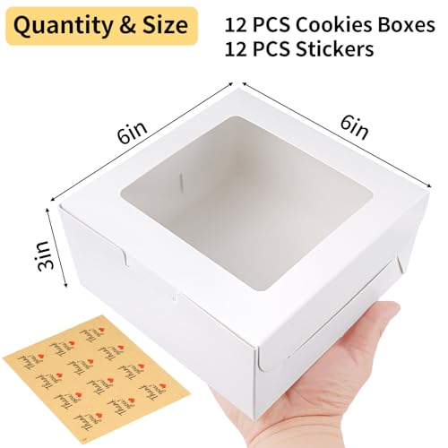 WINKIO 12 Pieces Cookie Boxes with Window, 6×6×3 Inches Treat Boxes for Bakery Dessert Pastry Mini Cake Favor Donut Baked Goods (with Stickers)