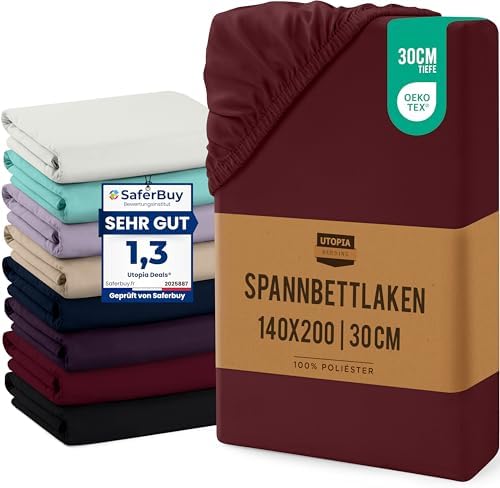 Utopia Bedding - Spannbettlaken 140x200cm Bis 30 cm - Burgunderrot | Oeko-Tex Zertifiziertes - Gebürstete Mikrofaser Spannbetttuch - Spannbettlaken für Babybett