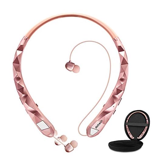 Bluetooth Headphones, Doltech Bluetooth 5.0 Neckband Headphones Noise Cancelling Headset with Carrying Case Retractable Earbuds Stereo Earphones with Mic (Rose Gold)