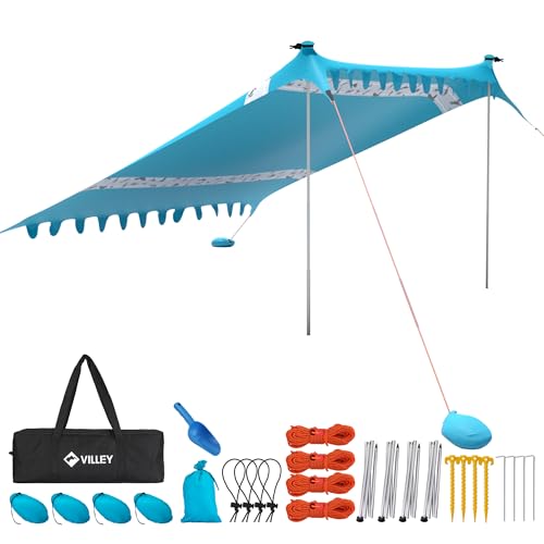 VILLEY Sonnenzelt 3m x 3,3m Blau, UPF50+ UV Schutz Lycra Strandzelt für 6 Personen, Sonnenschirm Strand mit Sandsack und 4...