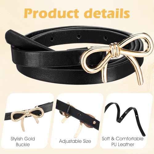 Womens Leather Belt, Skinny Gold Bow Belt Ladies Thin Waist Belt for Pants Dresses Jeans4