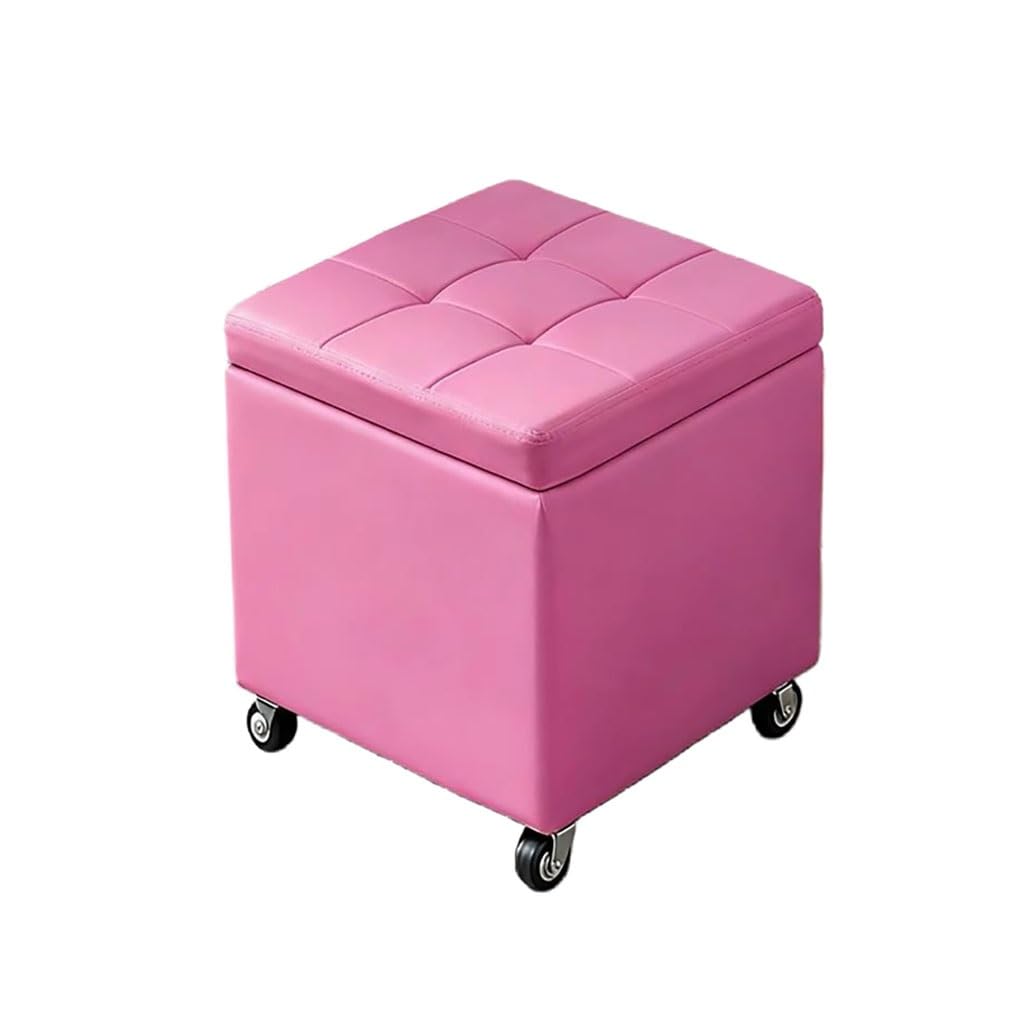 Coffre de rangement rose 40x40 cm avec assise rembourrée et roulettes pour salon et chambre