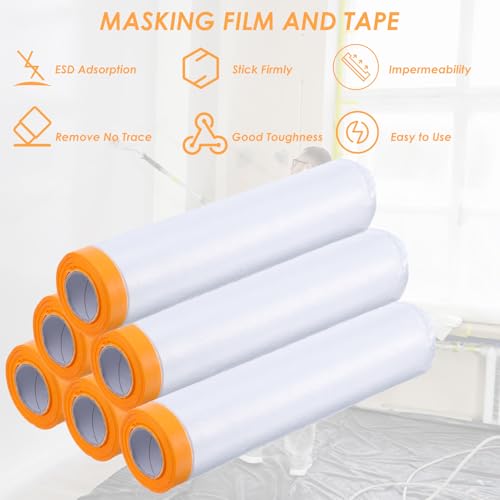 Image of 6 Rolls Painters Plastic With Tape, Pre-Taped Masking Film, Automotive Best Tape and Drape, Paint Adhesive Protective Film Roll for Covering Skirting, Frames, Cars and Auto Body (6.5 X 60 FT)