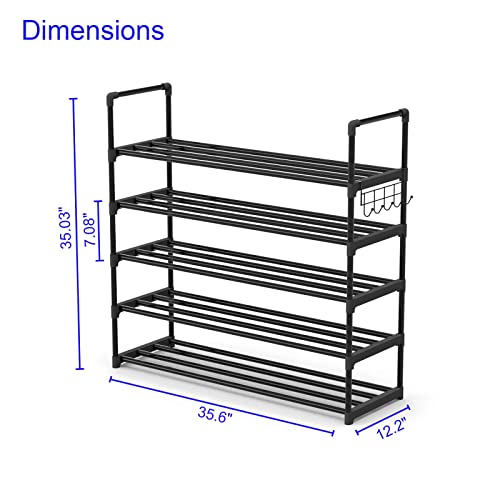 Hsscblet 5 Tiers Metal Shoe Rack,Adjustable Shoe Shelf Storage Organizer With Versatile Hooks,Stackable Boot & Shoe Storage,For Entryway,Hallway,Living Room,Closet,Black #TOP6
