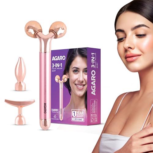 Image of AGARO 3-In-1 Face Roller, 3D V-Roller Head, Pointer Head, Facial Roller Kit for Face, Eye, Neck, Anti-Aging Facial Massager for Anti-Wrinkle, (Rose Gold)