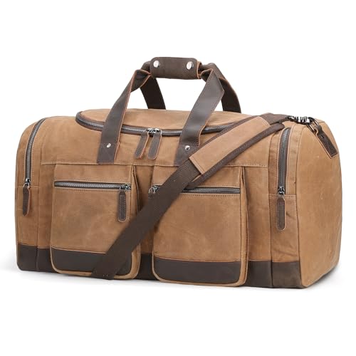 Tiding Waxed Canvas Leather Travel Duffle Bag for Men Waterproof 23 inch Duffel Bag Weekender Overnight Vintage Travel Hand Bag Carry on Bag
