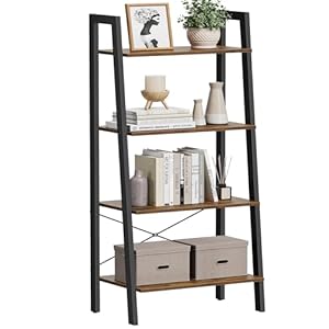 VASAGLE Ladder Shelf, 4-Tier Bookshelf, Storage Rack, Bookcase with Steel Frame, for Living Room, Home Office, Kitchen, Bedroom, Industrial Style, Rustic Brown and Ink Black ULLS44X