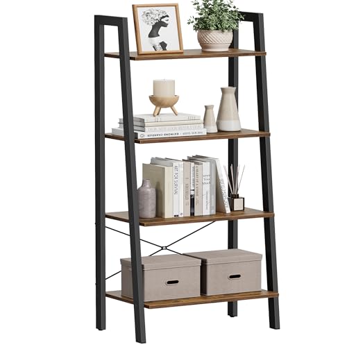 VASAGLE Ladder Shelf, 4-Tier Bookshelf, Storage Rack, Bookcase with Steel Frame, for Living Room, Home Office, Kitchen, Bedroom, Industrial Style, Rus