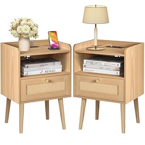 Rattan Nightstand with Charging Station, Mid Century Modern Bed Side Table, Boho End Table with Wood Legs, Bedside Tables for Farmhouse Bedroom Living Room Dorm Sofa Couch Office Corner (2, Natural)