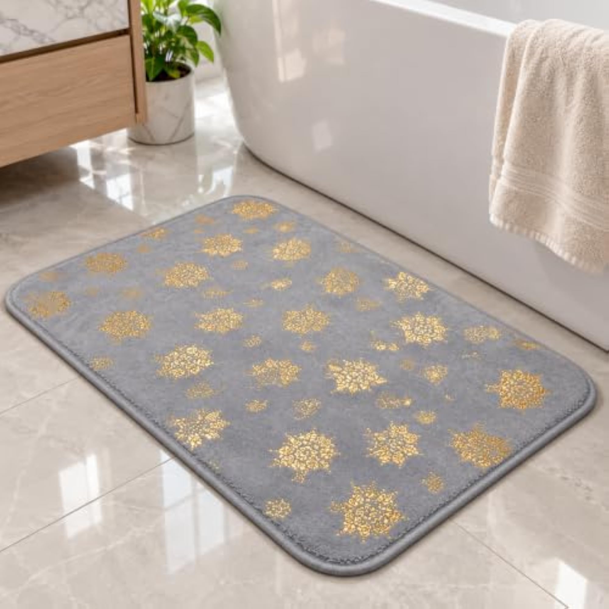 Golden Flower Memory Foam Bath Mat, 40x60cm, Grey