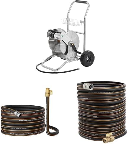 Giraffe Tools Stainless Steel Water Hose Reel Cart, 200 ft of 1/2 Capacity+Water Hose 50ft x 5/8", Female and male Fittings+Water Hose 75ft x 5/8", Male and Female Fittings