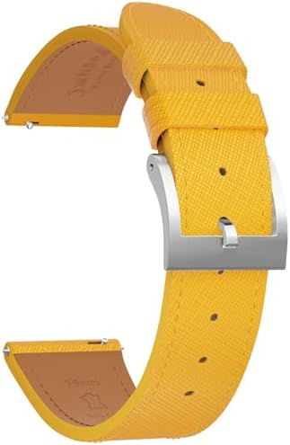 JWNSPA Top Grain Leather Watch Band - Quick Release Brushed Buckle Replacement Strap for Men - Choice of Width -18mm 19mm 20mm 21mm 22mm 23mm 24mm (20mm, Yellow & Silver Buckle)