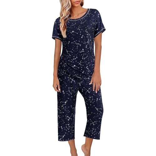 Conjunto de pijama capri para mujer, camiseta de manga corta y pantalones cortos estampados con bolsillos, ropa de descanso suave y ligera para el verano, azul, L