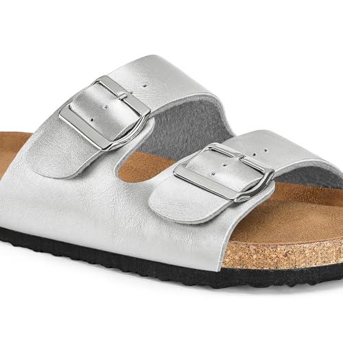 Image of mysoft Womens Flat Sandals Cork Footbed Slides with 2 Straps | Adjustable Buckle Slip On Comfortable Casual Light Weight Summer sandals
