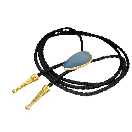 Image of Daisy Del Sol Gemstone Bolo Tie Braided Vegan Faux Leather Natural Stone Gold Handmade Necklace Adjustable Boho Western Jewelry
