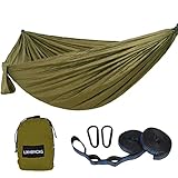 Camping Hammock Double & Single Portable Hammocks Ultralight Nylon Parachute Hammocks with 2 Tree Straps for Backpacking, Travel, Beach, Backyard, Camping, Hiking (Large, Army Green)
