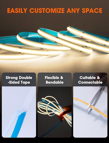 Image of 16.4FT /5M High Density COB LED Strip, 10mm Width LED Strip Lights, CRI 90+, DC12V, 2640LEDs Flexible LED Ribbon Tape for Home, Bedroom, Living Room(Power Supply Not Included) (4000K)