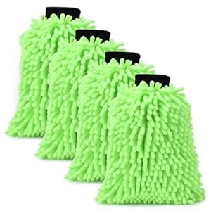 4Pcs Car Wash Mitt Microfiber Gloves Chenille Material Microfiber Towels for Car Washing Supplies Kit Scratch Free Cleaning Fluorescent Green