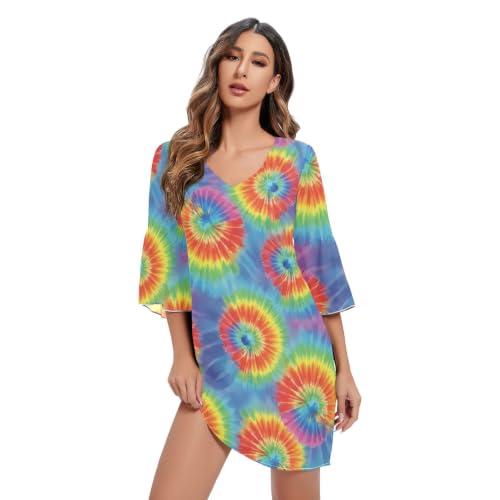 Robe trapèze fluide masquant les formes à imprimé coloré et col en V