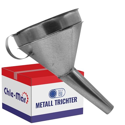 Chle-Mar - Benzin Metall Trichter mit Sieb | Öltrichter Auto & Kfz Einfülltrichter Groß | Robuster Metalltrichter mit Griff | Für Benzin Motoröl & Technische Flüssigkeiten | Großer Öl Trichter Adblue