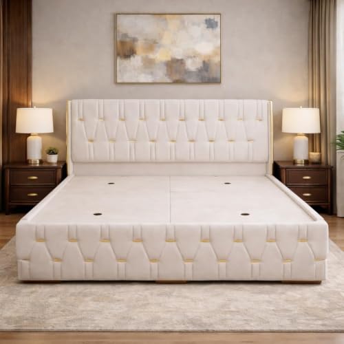 Image of Royal Aura Upholstered King Size Bed with Box Storage for Bedroom | Elegant Wooden Double Bed with Storage | Platform Cot Palang with Tufted Headboard | 6.5 x 6 Ft | Sheesham Wood | White