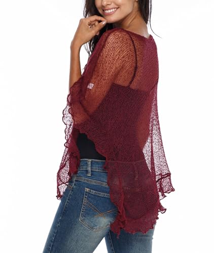 Image of SHU-SHI Women's Sheer Knit Poncho Shrug Lightweight Asymmetrical Ruffle Wrap Dressy Summer Shawl Cover Up Top