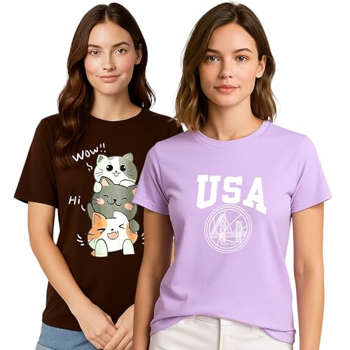 Image of My Swag Womens Graphic T-Shirt Pack of 2, Cotton Casual, Gym, Daily Summer Wear